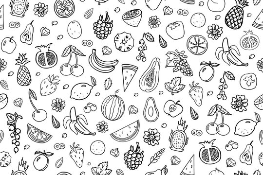Trendy seamless pattern with fruits, berries and nuts. Pineapple, strawberry, apple, pear, watermelon and other. Doodle vector illustration EPS10. Great for wallpaper, wrapping paper, baner