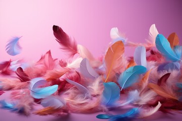  a bunch of feathers that are flying in the air on a pink background with a blurry image of a bunch of feathers that are flying in the air on a pink background.
