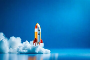 rocket taking off on a blue background