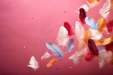 Fototapeta na wymiar a group of multicolored feathers flying in the air on a pink background with confetti flakes.