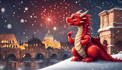 Red dragon cartoon illustration in Rome near Ponte Sant’Angelo bridge winter snow night evening