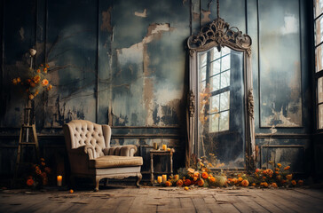 Echo Collection - Beige Armchair in Bohemian Room with Candle Lights and Mirror - Botanical Decor - Decay - Time Passing - Baroque - Atmospheric Photography - obrazy, fototapety, plakaty