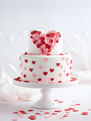 Big white buttercream cake with red hearts on plate, blurry white background