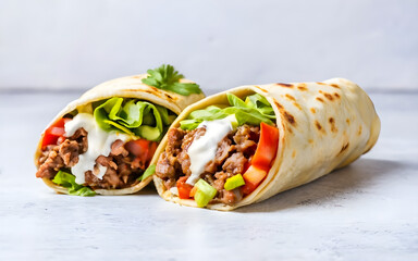 Fast food, delicious burrito filled with minced meat and vegetables. white background, isolated