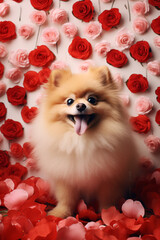 Fototapeta na wymiar Cute spitz puppy sitting among red rose flowers. Valentines day greeting card concept.