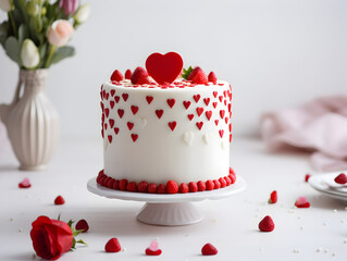 Obraz na płótnie Canvas Romantic white cake with red hearts and berries on top , white background