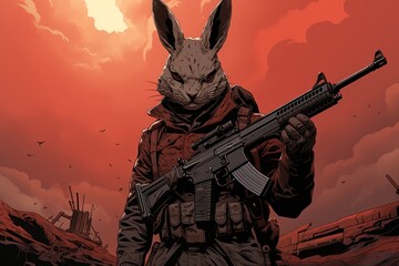  a rabbit with a gun in his hand standing in front of a red sky with a gun in it's hand. - obrazy, fototapety, plakaty