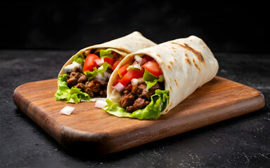 Fast food, delicious burrito filled with minced meat and vegetables. Placed on a wooden table, black background, isolated