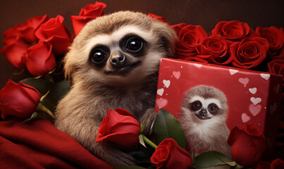 A cute sloth with a Valentine's Day gift for his girlfriend. Valentines day greeting card concept.