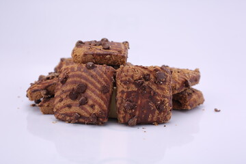 Square chocolate biscuits cookies isolated on white background food bakery concepts with copy space. High Resolution