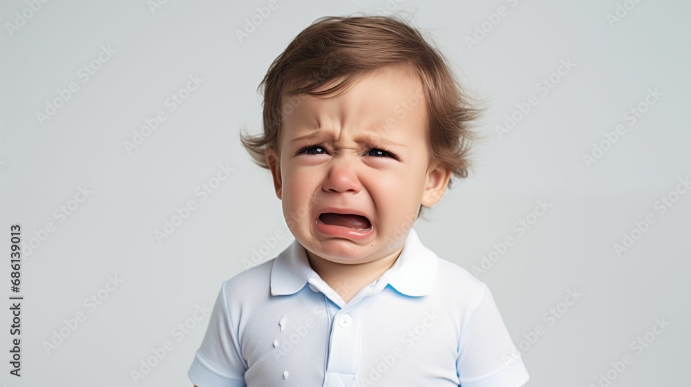 Poster image of a little crying boy on a white background. - Posters