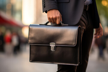 Side view of a businessman holding a black briefcase outdoors, close-up of a man's hand holding a leather briefcase on the street