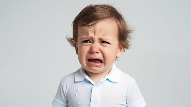 Image of a little crying boy on a white background.