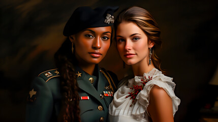 A couple of girls in love posing, one of them in her soldier's outfit.
