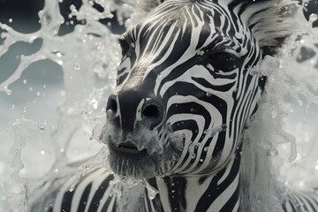Fototapeta premium a close up of a zebra's face with water splashing on it's face and a body of water in the background.