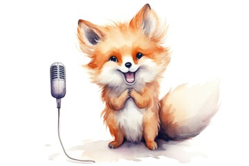 Obraz premium watercolor fox with microphone on white background