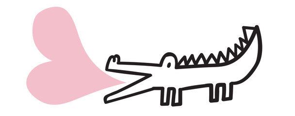 Cute crocodile with pink heart. Design card for Valentine's day. Outline illustration on white background.