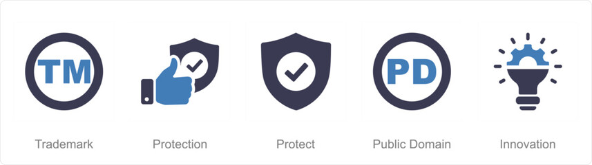 A set of 5 Intellectual Property icons as trademark, protection, product