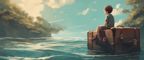 A boy sits on a suitcase floating on the sea, digital art style, illustration painting - obrazy, fototapety, plakaty