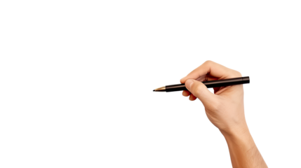 Top View Hand With Pen Writing on air. Isolated on Transparent background.	