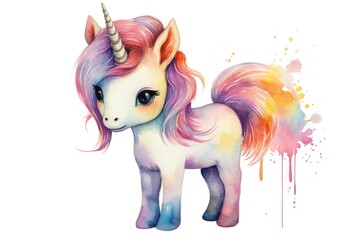 cartoon watercolor unicorn character on white background