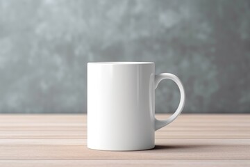 Mock up of white mug on a kitchen table with white wall