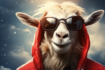  a close up of a goat wearing sunglasses and a red jacket with a red hoodie and clouds in the background.