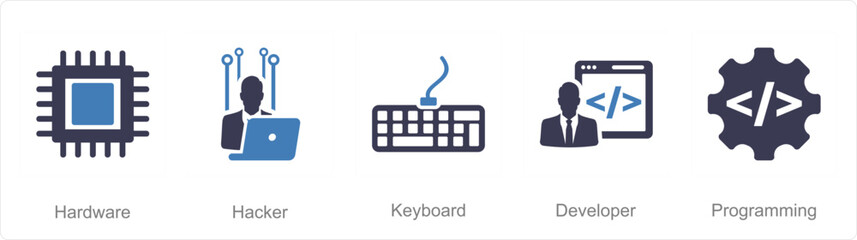 A set of 5 Internet Computer icons as hacker, keyboard, developer