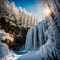 beautiful frozen plitvice waterfall