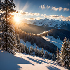 beautiful top of snowy forest and mountains