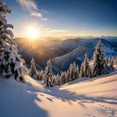 beautiful top of snowy forest and mountains
