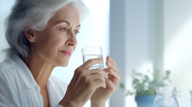 Old Woman Taking A Pill At Home, Healthcare And Treatment Concept.