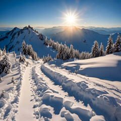 beautiful path to the top of the snowy mountain