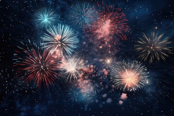  a bunch of fireworks that are lit up in the night sky with a blue sky and stars in the background.