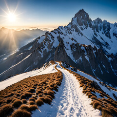 beautiful path to the top of the snowy mountain