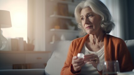 Old woman taking a pill at home, healthcare and treatment concept.