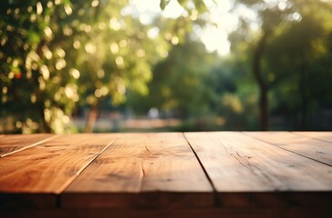 Golden Hour Serenity: Empty Wooden Table with a Blurry Nature Background in Sun-Drenched Forest