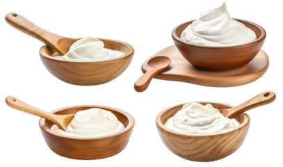 Set of wooden bowls with sour cream, cut out