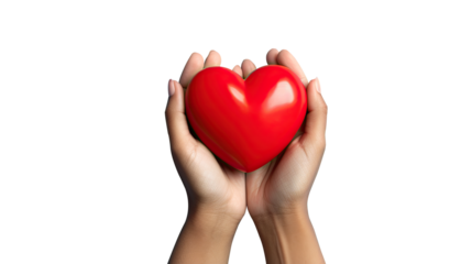 Young women hands holding red heart, health care, donate and family insurance concept. Isolated on Transparent background.