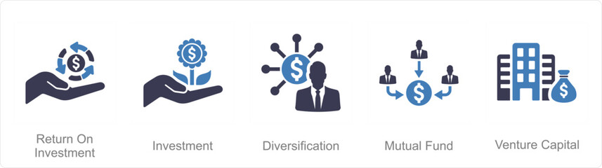 A set of 5 Investment icons as investment, diversification, mutual fund