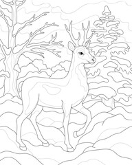 Deer in the winter forest. Coloring book for adults and children.