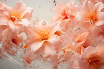  a group of pink flowers floating on top of a body of water with drops of water on the bottom of the flowers.