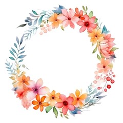 Fototapeta na wymiar Circle frame of watercolor flowers and leaves on white background.