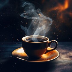 Vintage of coffee cup with rich espresso aroma. Organic coffee beans and hot espresso on old wooden table.