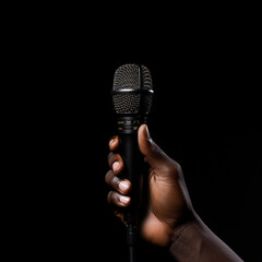 Microphone and male singer close up. man singing into a microphone, holding mic with hands. Close Up of Karaoke Microphone. Stage Spotlight. 