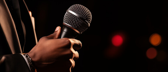 Microphone and male singer close up. man singing into a microphone, holding mic with hands. Close Up of Karaoke Microphone. Stage Spotlight.  - obrazy, fototapety, plakaty