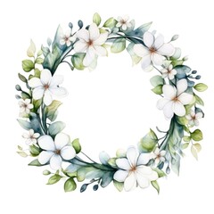 Circle frame of watercolor flowers and leaves on white background.