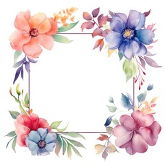 frame of watercolor flowers and leaves on white background.