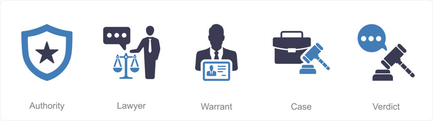 A set of 5 Justice icons as authority, lawyer, warrant