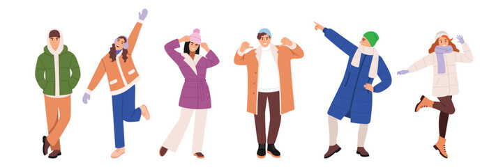 a set of funny characters (girls and men) in warm, modern, fashionable winter clothes